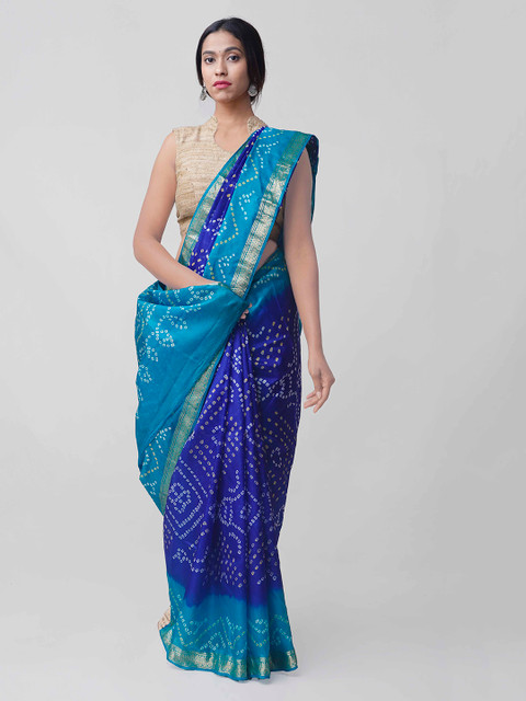 

Unnati Silks Blue Pure Silk Dyed Bandhani Saree