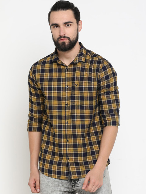 

SHOWOFF Men Mustard Yellow & Navy Blue Slim Fit Checked Casual Shirt