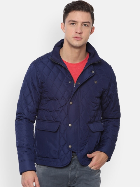 

Louis Philippe Men Navy Blue Self Design Windcheater and Water Resistant Quilted Jacket