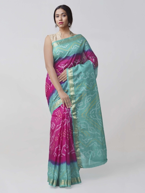 

Unnati Silks Pink & Turquoise Blue Pure Silk Dyed Bandhani Saree