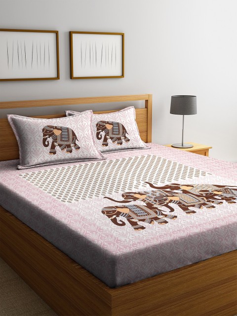 Rajasthan Decor Pink & Brown Jaipuri 144 TC Cotton 1 Queen Bedsheet with 2 Pillow Covers
