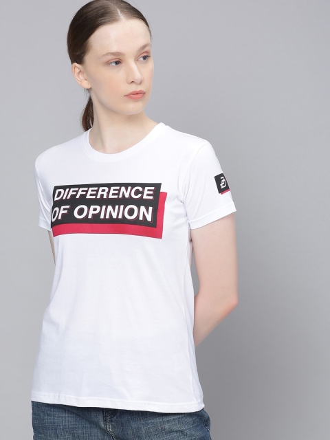 

Difference of Opinion Women White Printed Round Neck Pure Cotton T-shirt