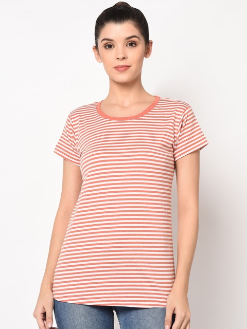 

ELEGANCE Women Orange & White Striped Round Neck T-shirt