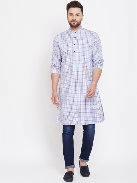 

even Men White & Blue Checked Straight Kurta