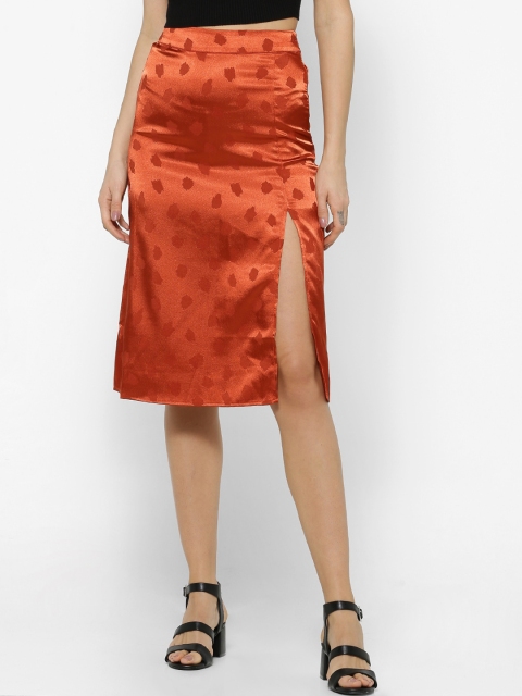 

FOREVER 21 Women Rust Orange Self-Design Satin Spotted A-Line Skirt