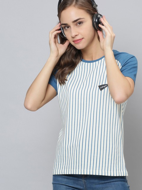 

DILLINGER Women White & Blue Striped Round Neck T-shirt