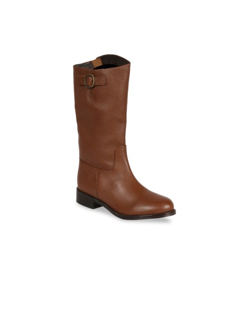

Saint G Women Tan Brown Solid Leather High-Top Flat Boots