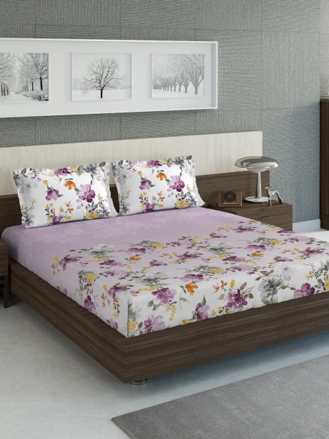 

DDecor Purple Floral 144 TC Cotton 1 King Bedsheet with 2 Pillow Covers