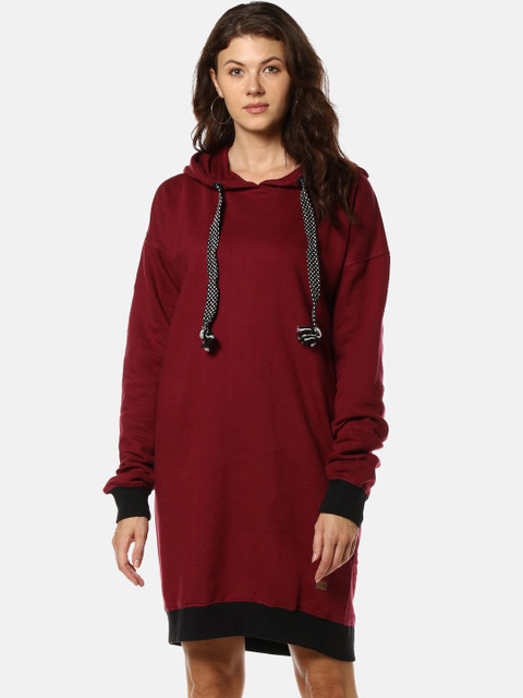 

Campus Sutra Women Maroon Solid Sweater Hooded Jumper Dress