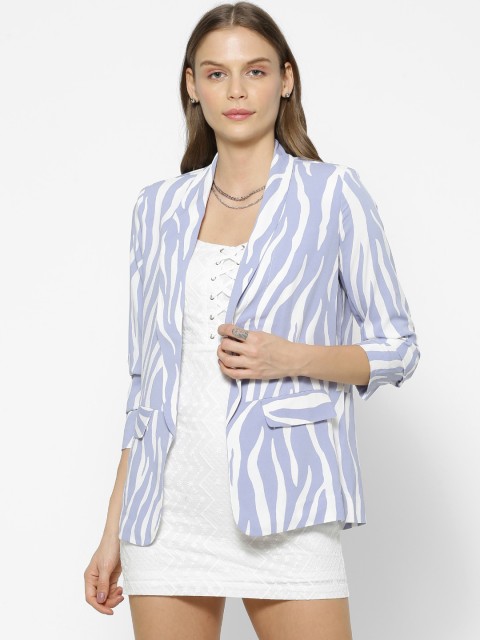 

FOREVER 21 Women Blue & White Zebra Printed Tailored Jacket