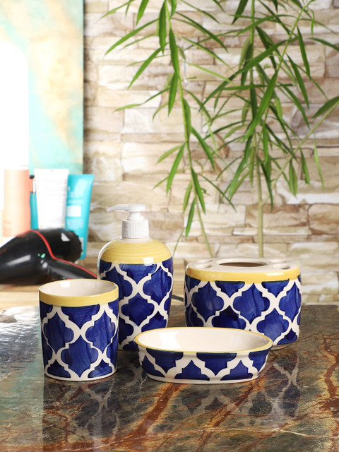 

CDI Set Of 4 Blue & Beige Moroccan Printed Ceramic Bathroom Accessories
