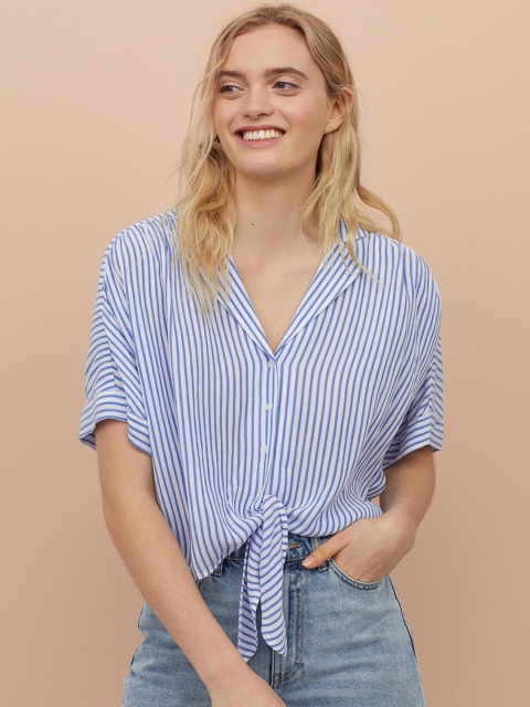 

H&M Women Navy Blue & White Tie Hem Blouse