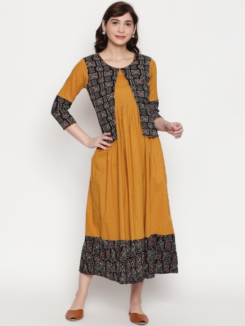 

ZRI Women Mustard Yellow Printed Fit and Flare Dress