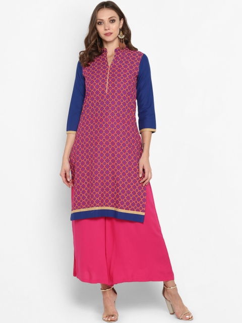 

Aprique FAB Women Pink & Blue Printed Straight Kurta