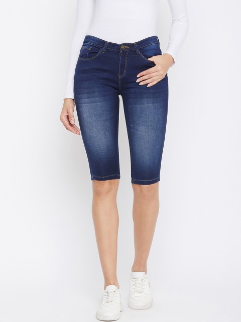 

Crimsoune Club Women Navy Blue Washed Slim Fit Denim Shorts