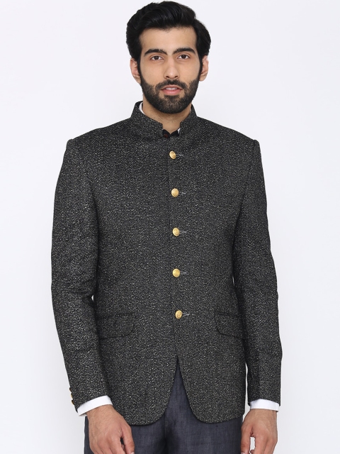 

Wintage Men Black & White Self-Design Tailored-Fit Bandhgala Blazer