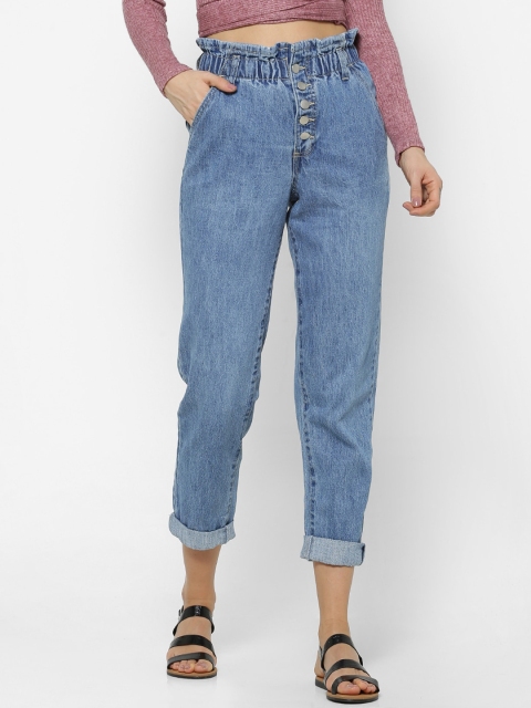 

FOREVER 21 Women Blue Regular Fit Paperbag Mid-Rise Clean Look Jeans