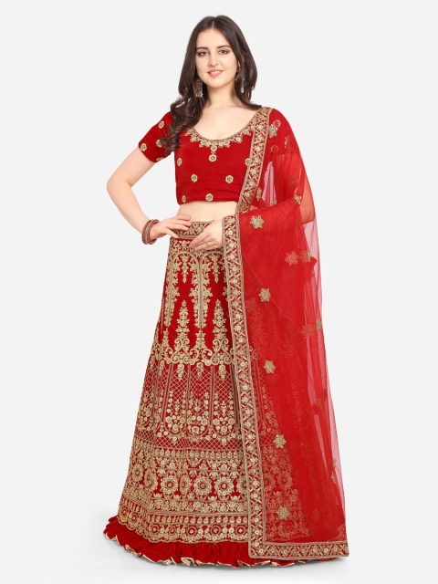 

VRSALES Red & Gold Embroidered Semi-Stitched Lehenga & Unstitched Blouse with Dupatta