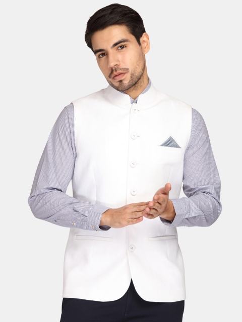 

Theme Men White Solid Woven Pure Linen Nehru Jacket