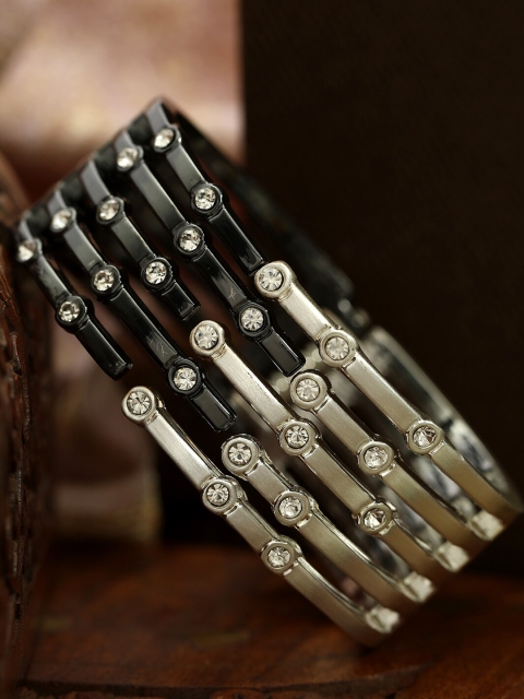 

ANIKAS CREATION Women Silver-Plated & Black Hand Painted Cuff Bracelet