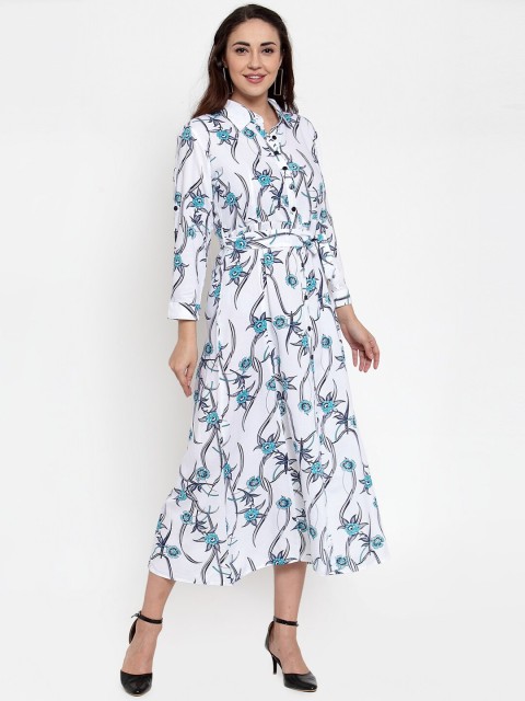 

Baani Creations Women White & Blue Floral Printed Fit and Flare Dress