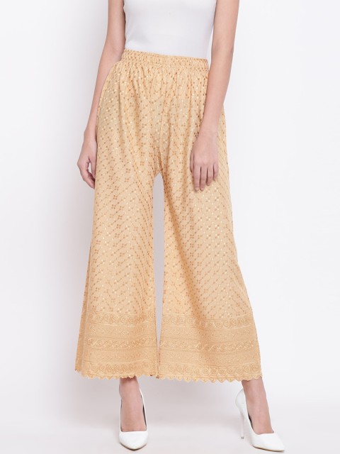 

RIVI Women Gold-Coloured & Beige Embroidered Wide Leg Palazzos