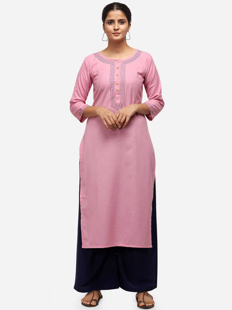 

Silk Bazar Women Pink Yoke Design Straight Kurta