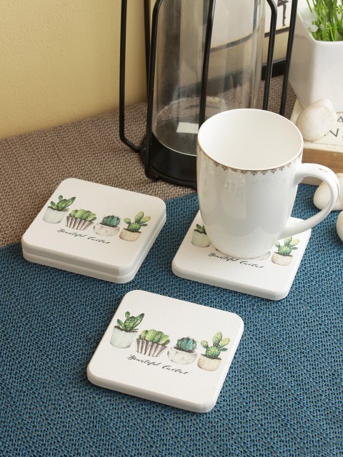 

Cortina Set Of 4 White & Green Printed Wooden Coasters