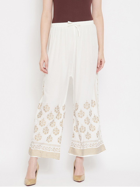 

Castle Women White & Gold-Toned Printed Flared Palazzos