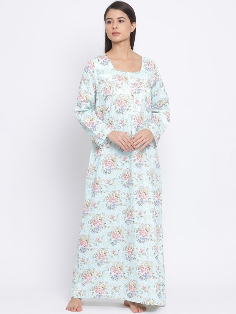 

Kanvin Aqua Blue & Pink Floral Print Nightdress