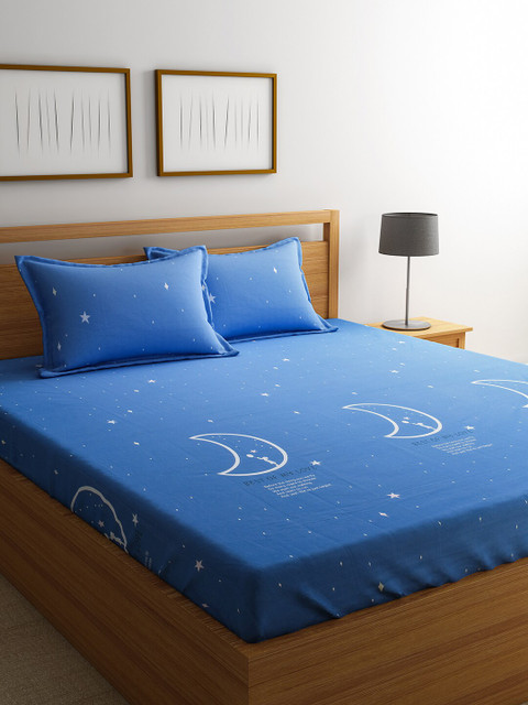 

RAGO Blue Conversational 210 TC Cotton 1 Queen Bedsheet with 2 Pillow Covers