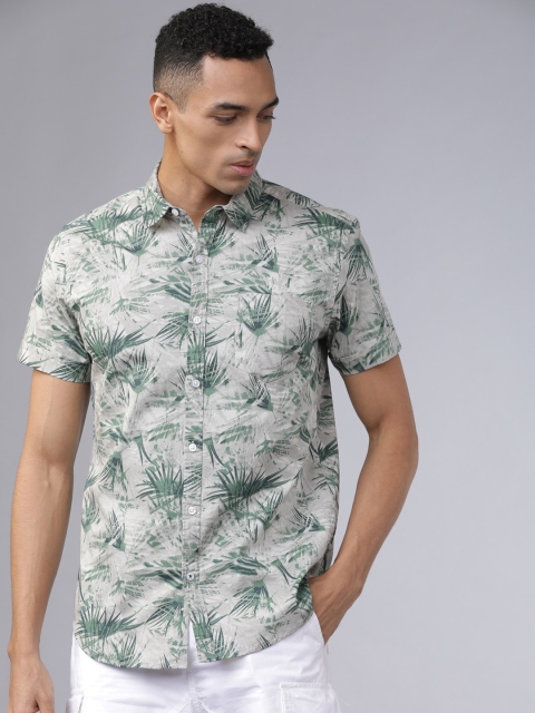 

HIGHLANDER Men Grey & Green Slim Fit Tropical Print Casual Shirt