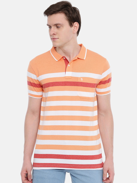 

Classic Polo Men Orange & White Striped Polo Collar T-shirt