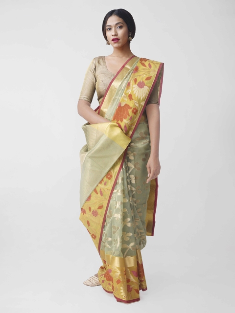 

Unnati Silks Green & Gold-Toned Silk Cotton Woven Design Banarasi Saree