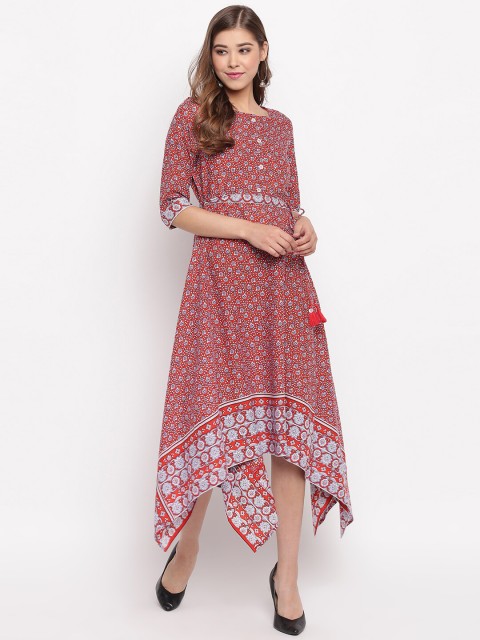 

Janasya Women Red Printed A-Line Dress