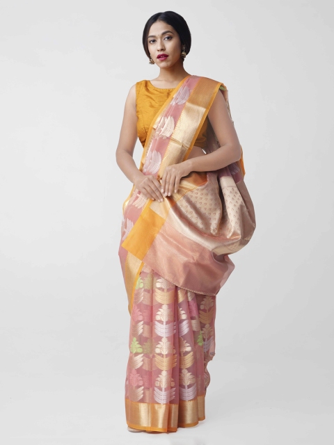 

Unnati Silks Pink & Gold-Toned Silk Cotton Woven Design Banarasi Saree