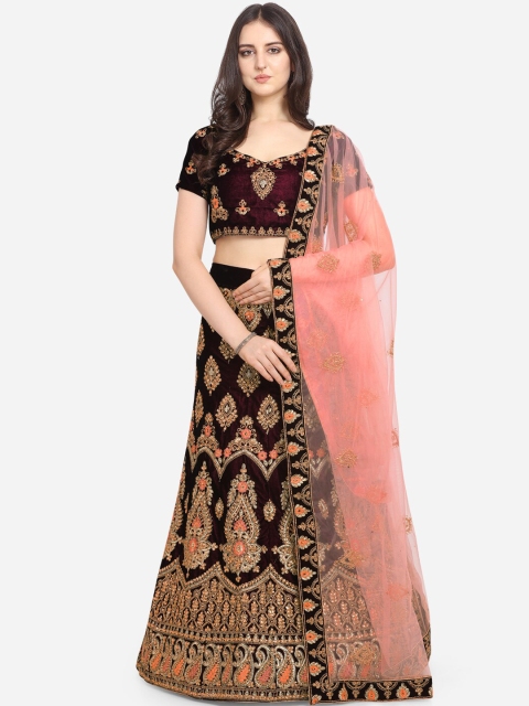 

VRSALES Burgundy & Gold-Toned Embroidered Semi-Stitched Lehenga & Unstitched Blouse with Dupatta