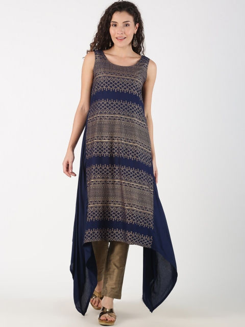 

Saffron Threads Women Navy Blue & Gold-Toned Printed A-Line Kurta
