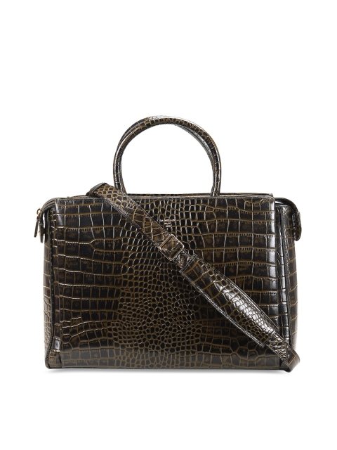 Da Milano Unisex Military Green Textured 14 inch Leather Laptop Bag