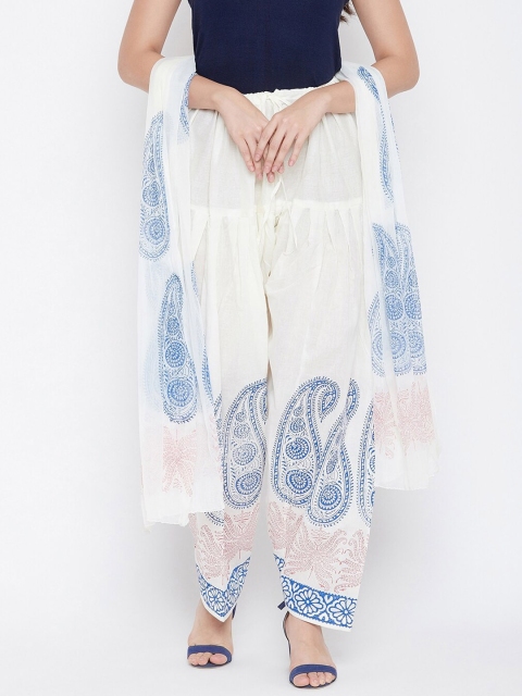 

Castle Women Off White & Blue Printed Loose-Fit Cotton Patiala Salwar With Chiffon Dupatta Set
