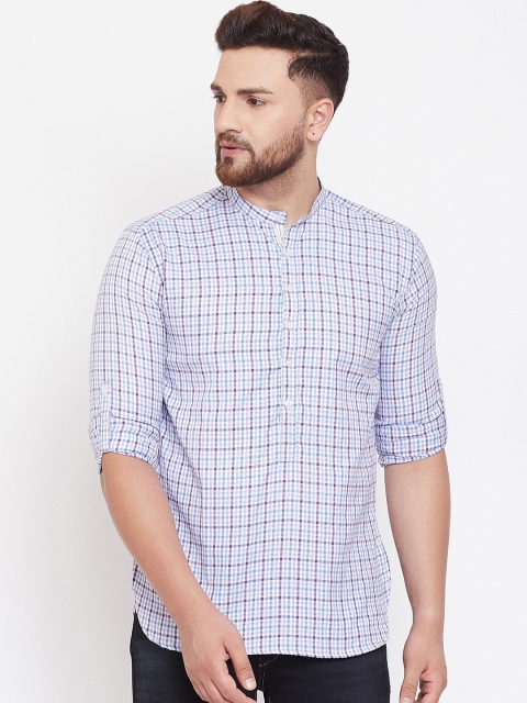

even Men White & Blue Checked Straight Kurta