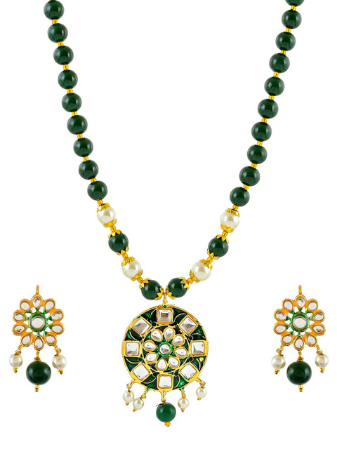 

Silvermerc Designs Gold-Plated Green & White Kundan-Studded Beaded Meenakari Handcrafted Jewellery Set