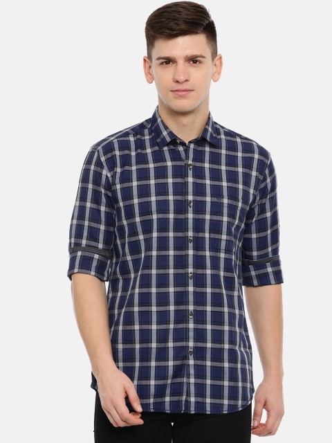 

Classic Polo Men Navy Blue & Grey Slim Fit Checked Casual Shirt