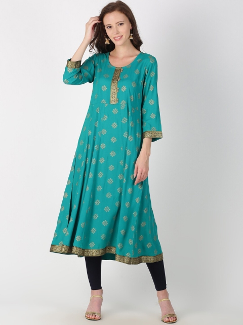 

Saffron Threads Women Teal Green & Gold-Toned Printed A-Line Kurta