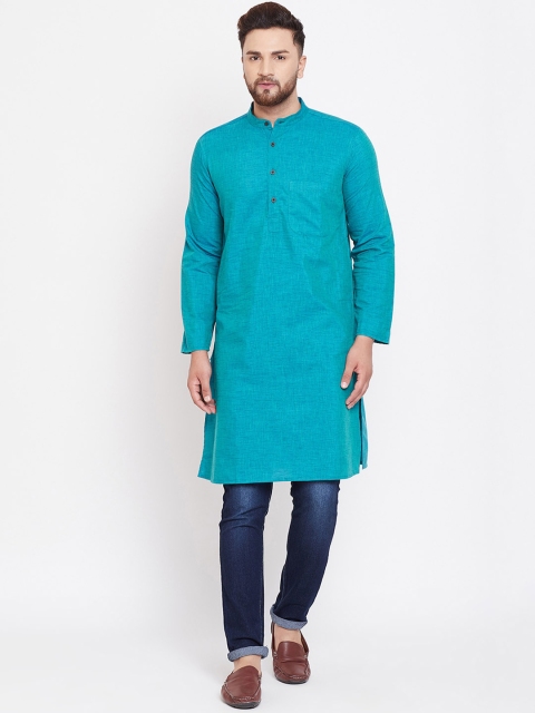 even Men Turquoise Blue Self Design Straight Kurta