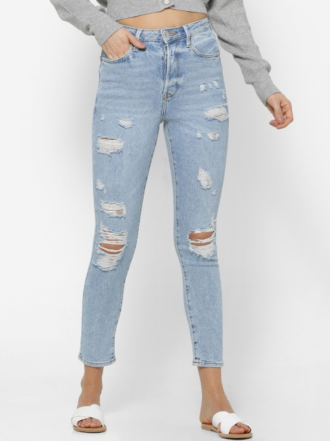 

FOREVER 21 Women Blue Regular Fit Mid-Rise Highly Distressed Jeans