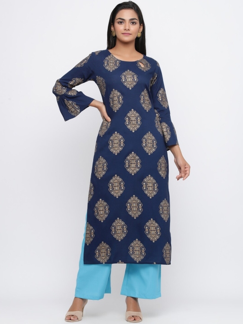 

Silai Bunai Women Navy Blue & Gold-Toned Printed Kurta with Palazzos