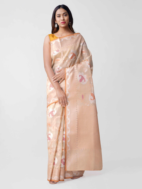 

Unnati Silks Beige Silk Cotton Woven Design Banarasi Saree