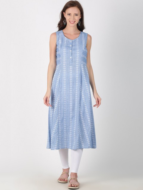 

Saffron Threads Women Blue & White Woven Design A-Line Kurta