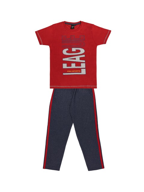 

Todd N Teen Boys Red & Navy Blue Printed T-shirt with Trackpants